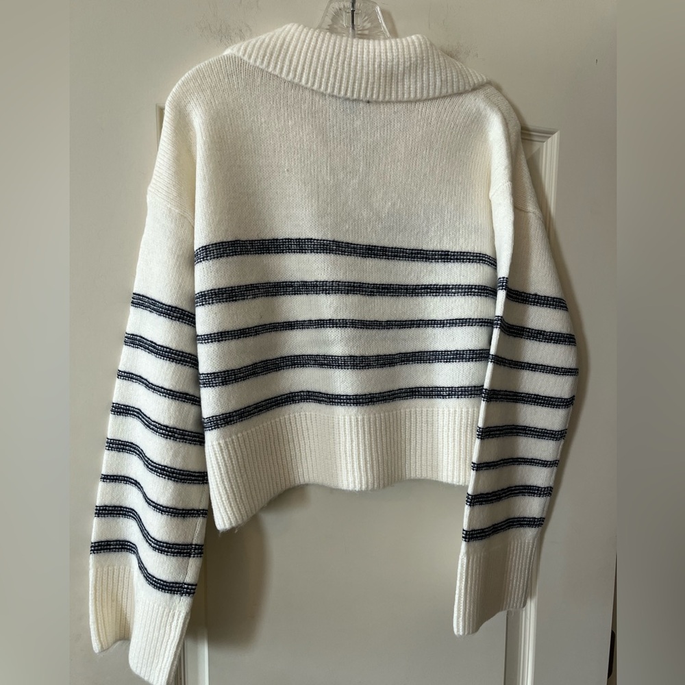 Steve Madden Navy and White Designer Collar Striped Sweater Women’s Medium - Picture 5 of 15